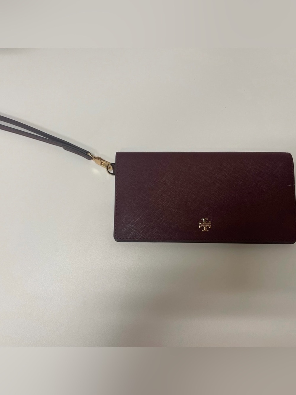Tory Burch Saffiano Wristlet in Deep Burgundy with Gold Logo